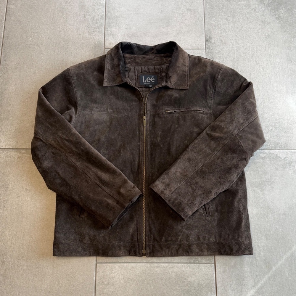 Vintage 90s Lee Outerwear Brown Genuine Suede Leather Quilted Zip Jacket Mens L